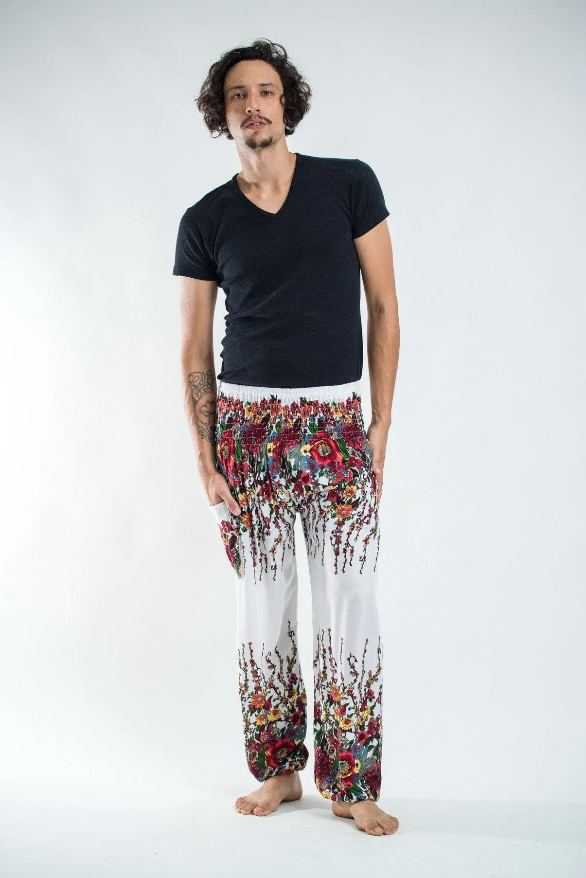 Floral Unisex Harem Pants in White