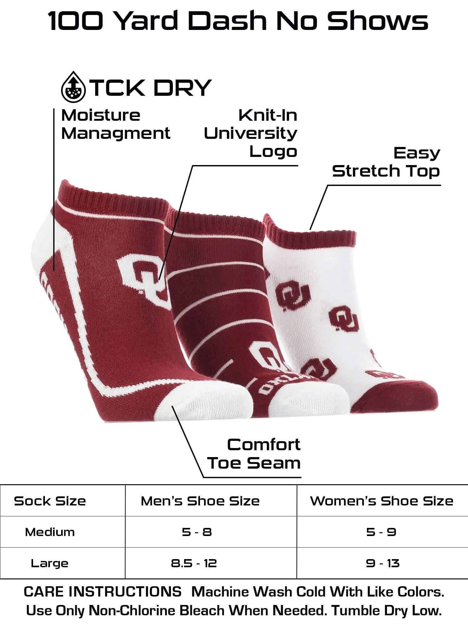 Oklahoma Sooners No Show Socks Full Field 3 Pack