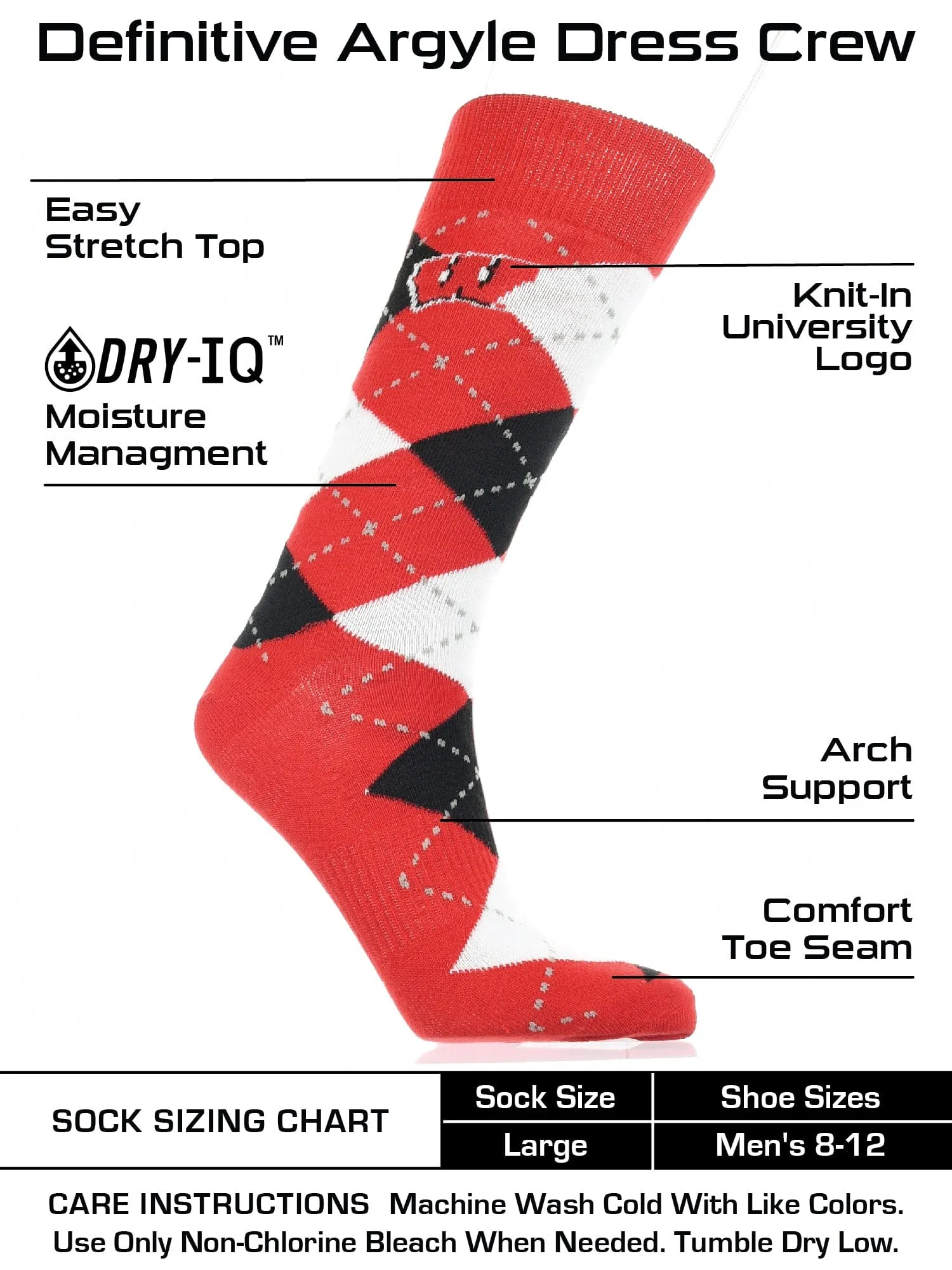 Wisconsin Badgers Argyle Dress Socks NCAA Fanwear Crew Length